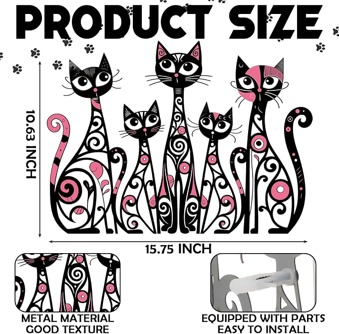 Wesiti Cat Wall Art Decor Metal, 10.6"x15.7" Mid Century Cat Pink Black | Iron Sculpture for Pet Lover, Retro Romantic Pink Swirl Design, Living Room Bedroom Kitchen Office Home Wall Decor Gift - Image 2