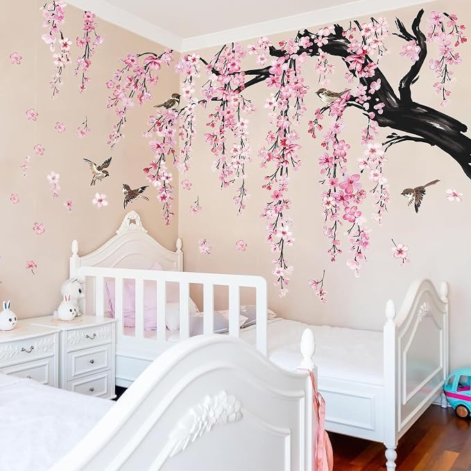 Large Pink Flower Wall Stickers, 47"x71" Removable DIY Romantic Cherry Blossom Tree Wall Murals Peel and Stick 3D Wall Art Stickers Home Decor for Gilrs Bedroom Nursery Rooms Living Room - Image 6