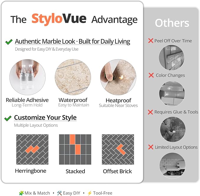 StyloVue 100 Pieces Peel and Stick Backsplash for Kitchen, 3" x 6" PVC Subway Tile, 2026 Upgraded Classic Travertine Beige, Stick on Tile for Kitchen, Fireplace, RV - Image 5
