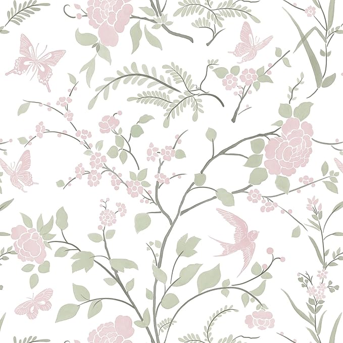 Pink Floral Wallpaper Pink and Green Wallpaper for Nursery Bedroom 78.7"×17.3" Botanical Bird Butterfly Peel and Stick Wall Paper Boho Contact Paper for Cabinets Renter Friendly Self-Adhesive by Fiula