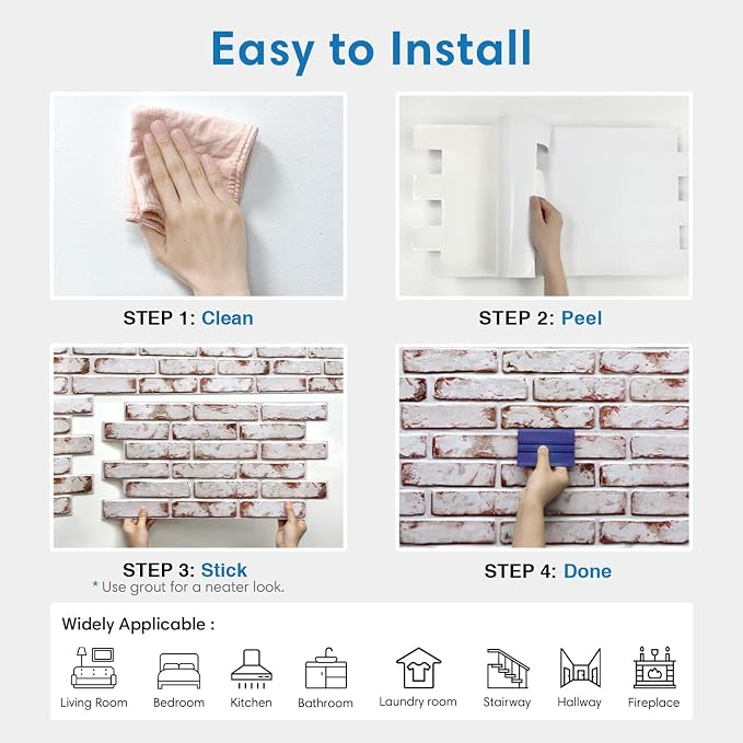 COMSTICKC 3D Faux Brick Wall Panels Peel and Stick Decorative Tiles Sticker | Red-Tinted White, 12 Pcs 22.8" x 11.8", Not Real Brick, Thin PVC Fake Brick Wall Covering for Wall Makeover,Cover 22.48 sq ft - Image 8