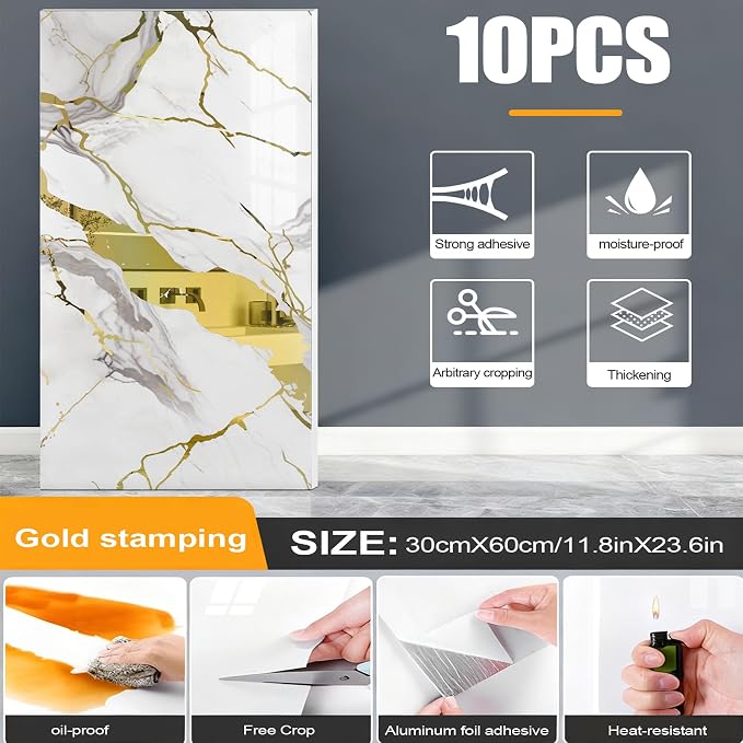 10pcs Thick Marble Peel and Stick Waterproof Wall Panels,Heat-Resistant Backsplash Tile, 23.6"x11.8" PVC Foam Wall Sticker for Kitchen,Living Rooms,TV Walls,White and Gold (Not Real Tile 19.4Sq. Ft.) - Image 8