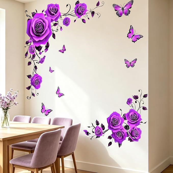 Purple Flower Floral Wall Decals, Butterflies Rose Vines Wall Stickers | Vibrant peel and stick wall decor, removable self‑adhesive vinyl DIY wall art for bedroom living room home wall decoration - Image 5