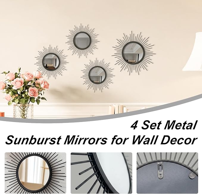 4 Pieces Gold Sunburst Wall Mirror Set Modern Metal Circles for Home Decor - Image 2