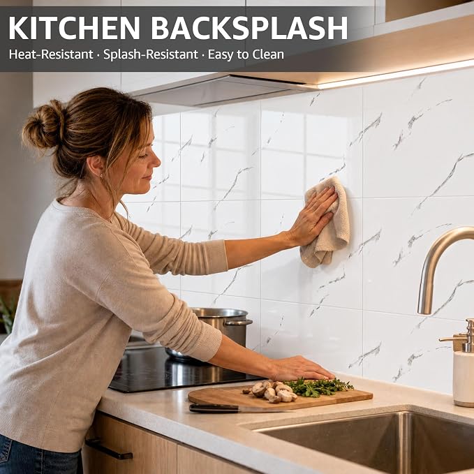 WADILE 20PC Peel and Stick Waterproof Wall Panels 11.8 x 11.8 White | Marble look, Self adhesive, PVC Panels, Lightweight Foam Wall Panels, Bathroom, Kitchen, Not Real Tile - Image 7