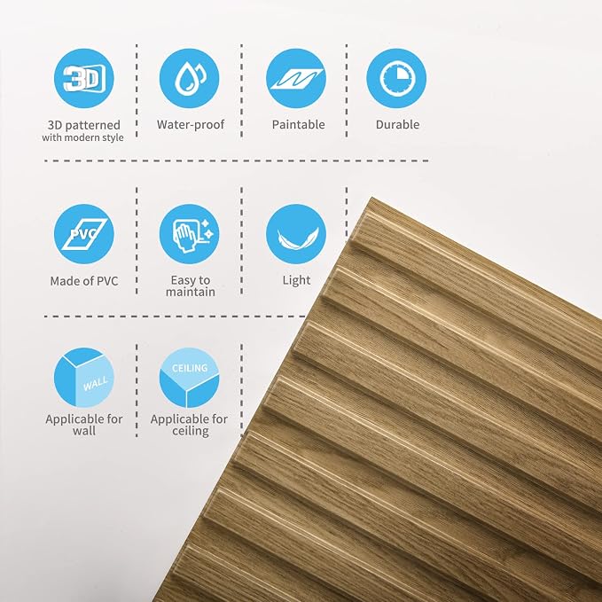 Art3d 3D Fluted Textured Slat Wall Panels, 19.7 x 19.7 in, 12-Pack, Walnut | PVC, Waterproof, Scratch Proof, Wipeable, Break-Proof, Ideal for Home, Office and Commercial Spaces - Image 6