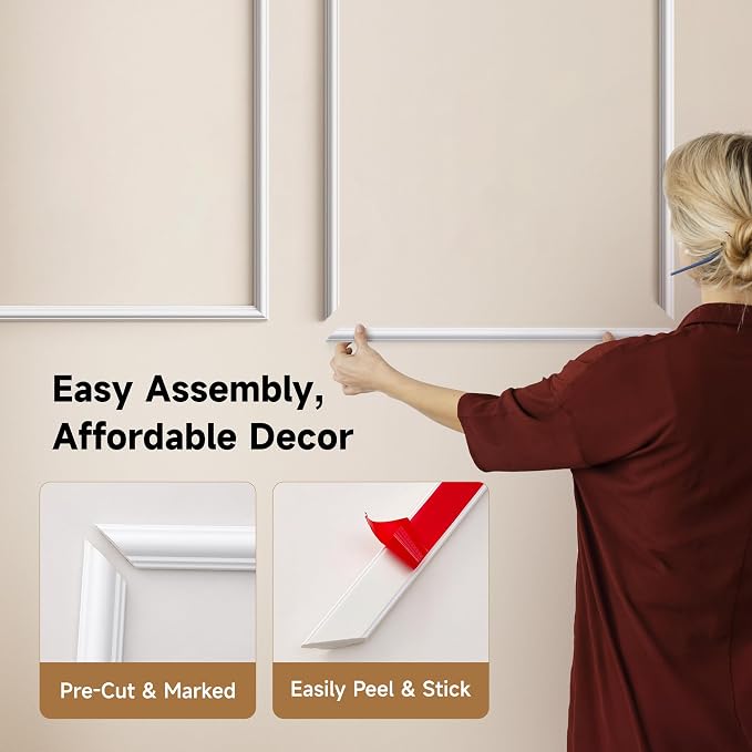 INMOZATA Pre-Cut Peel and Stick Wall Molding Wainscoting Panels, 24" x 12" | Strong Adhesive, Paintable, Easy to Install, Ideal for Interior Wall Decor Living Room Bedroom Hallway - Image 4
