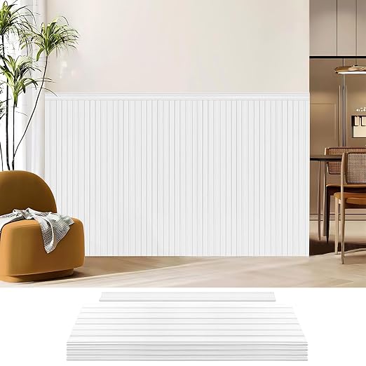 Art3d Beadboard Wainscoting Wall Panel Kit, 37.8 x 9.84 Inch, Matte White | 12-Piece Panels + 4 Edge Trims, 31 Sq.Ft. Coverage, Lightweight, Water-Resistant, Easy to Trim, for Living Room, Bedroom by Art3d