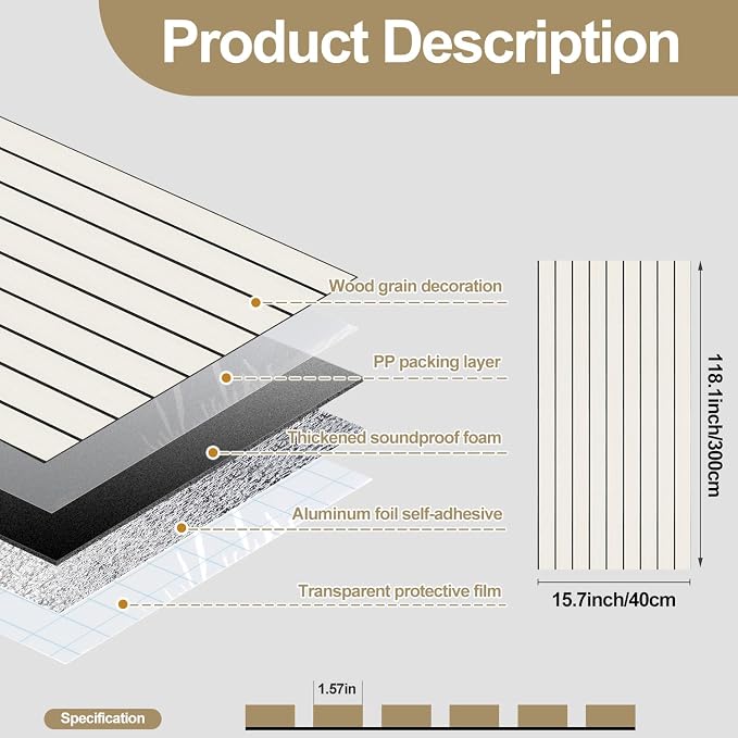 Chejiaye Peel and Stick 3D Wall Panel -15.75"x118"Soundproof Self-Adhesive Wall Sticker, Removable Thick PVC Slat Contact Paper for Kitchen Bedroom,Ceiling Wall Decoration Wood Grain (Light White) - Image 4
