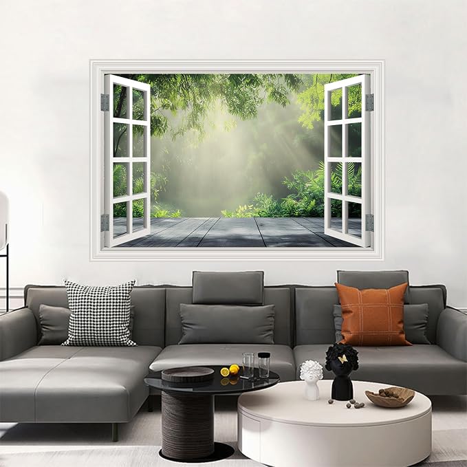 Fake Window Poster Wall Decal - Morning Green Forest Faux Window Wall Mural Prints for Wall Decor, Peel and Stick Wall Sticker, Spring Green Forest Tree Scene Wall Art Poster 24" x 16" - Image 9