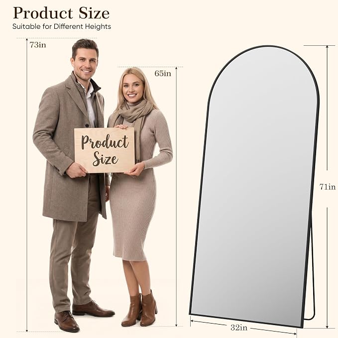 71"x32" Arched Full Length Mirror, Full Body Floor Mirror, Black - Image 2