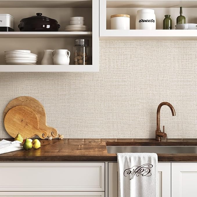 Beige Wallpaper Grasscloth Peel and Stick Wallpaper 17.7in x 590in | Faux Linen Vintage Wallpaper Textured Removable Wall Paper Grass Cloth Cabinets Bedroom for Cabinet Self Adhesive Vinyl - Image 2