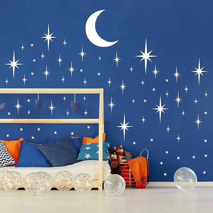 Retro Starburst Wall Decals Stars Wall Sticker Star Moon Vinyl Decal White | Celestial decor, sparkle moon wall stickers decoration, peel and stick, removable art mural, for bedroom living room nursery - Image 2