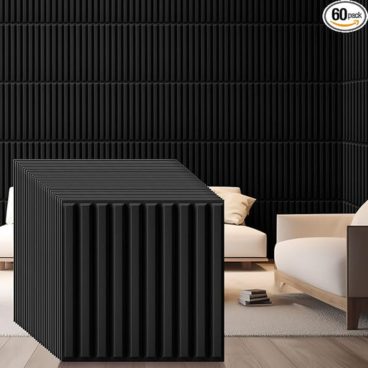 Nuanchu 60 Pcs 3D Wall Panels, 12"x12" PVC Fluted Tiles, Black | Waterproof Accent Panels, Paintable Wall Tiles, for TV Background, Bedroom, Bathroom, Gaming Room, Cuttable Home DIY Decor by Nuanchu