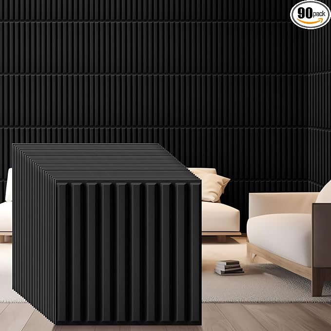 Nuanchu 90 Pcs 3D Wall Panels, 12"x12" PVC Fluted Tiles, Black | Waterproof Accent Panels, Paintable Wall Tiles, for TV Background, Bedroom, Bathroom, Gaming Room, Cuttable Home DIY Decor by Nuanchu