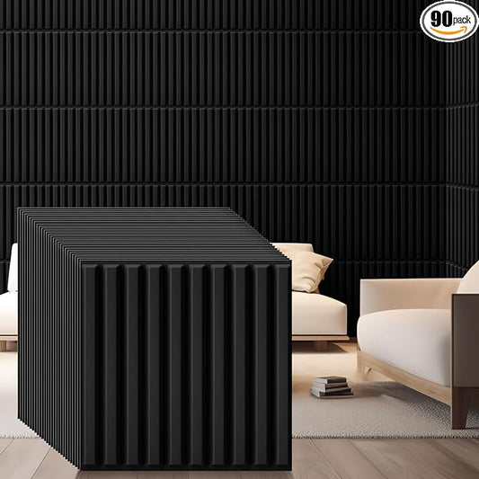 Nuanchu 90 Pcs 3D Wall Panels, 12"x12" PVC Fluted Tiles, Black | Waterproof Accent Panels, Paintable Wall Tiles, for TV Background, Bedroom, Bathroom, Gaming Room, Cuttable Home DIY Decor by Nuanchu