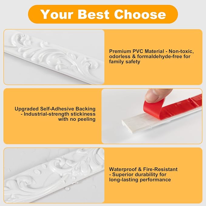 3 Pack 16.4FT White Peel and Stick Crown Molding Trim Kit – Decorative Mirror Border, Flexible Adhesive Trim for Doors, Cabinets & Mirrors - Image 3