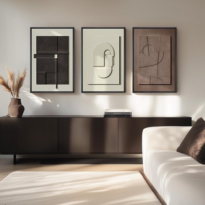 Large 3D Framed Abstract Wall Art Set, 3 Piece Modern Artwork for Walls | Solid Wood Frames, Textured Paintings, Black White Brown Neutral Tones, Living Room Dining Bedroom Office Pictures Wall Decor - Image 3