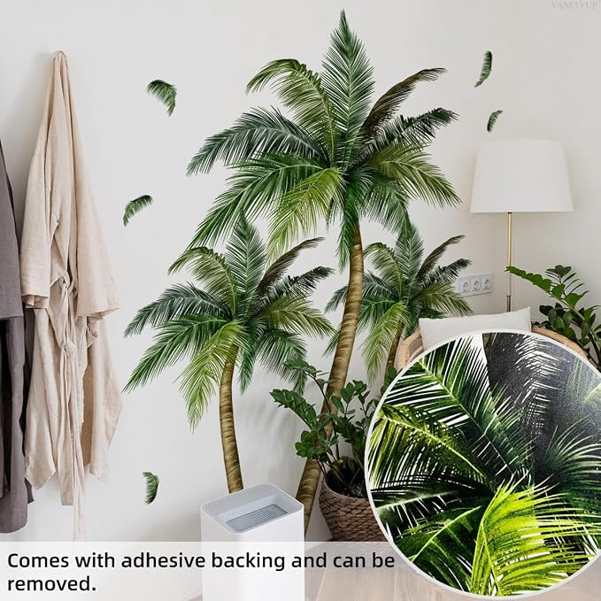 2 Sheets Palm Tree Wall Decals Peel and Stick Coconut Wall Stickers & Murals Green Leaves Wall Decor Removable Beach Stickers for Living Room Bedroom Classroom Bathroom Nursery Coconut Girl Room Decor - Image 6