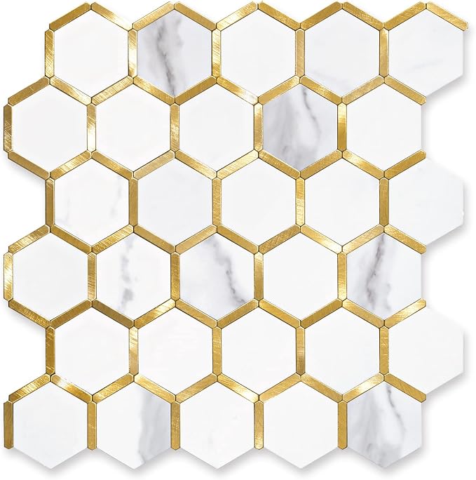 STICKGOO Hexagon Peel and Stick Backsplash Tile, Stick on Backsplash for Kitchen and Bathroom, White Marble Look PVC Mixed Metal Gold Self Adhesive Metal Mosaic Tiles(6 Sheets, Seamless) by STICKGOO