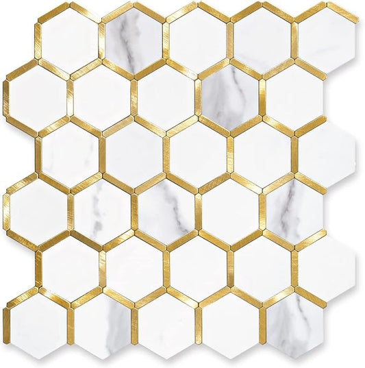 STICKGOO Hexagon Peel and Stick Backsplash Tile, Stick on Backsplash for Kitchen and Bathroom, White Marble Look PVC Mixed Metal Gold Self Adhesive Metal Mosaic Tiles(6 Sheets, Seamless) by STICKGOO