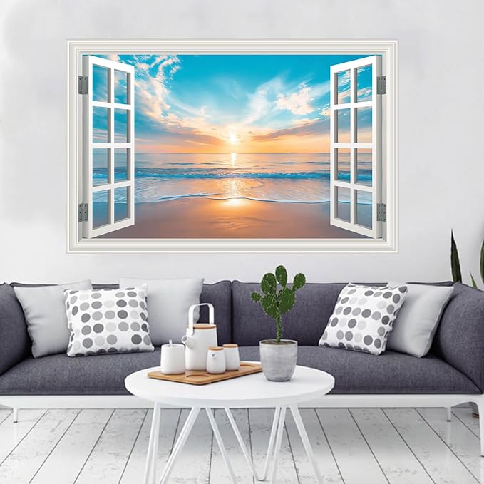 Large Murals 66"x48" Fake Window Wall Mural Ocean Beach Seascape Faux Window Wall Cling Art Picture Office Poster Coastal Decals Decor, Stick and Peel Landscape Natural Scenery Sunset Coastal Scene - Image 6