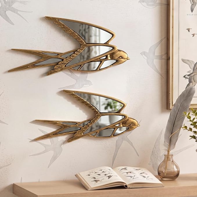 Fumete 2 Pcs Wild Goose Mirror Wall Decor Vintage Gold Resin Insect Art Decorative Wall Mirror Retro Hanging Bug Animal Glass Mirrors Garden Nature Gift for Summer Wedding Home Accent Housewarming by Fumete