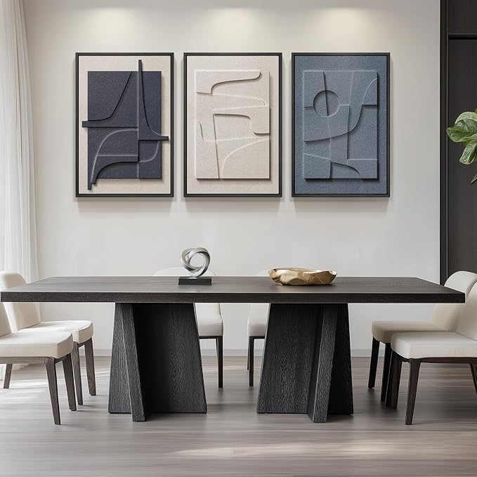 Large 3D Textured Framed Blue White Abstract Wall Art Set, 3 Piece 20x30 In | Solid wood frames, raised geometric reliefs, navy blue and ivory tones, modern wall decor for living room bedroom and office - Image 5