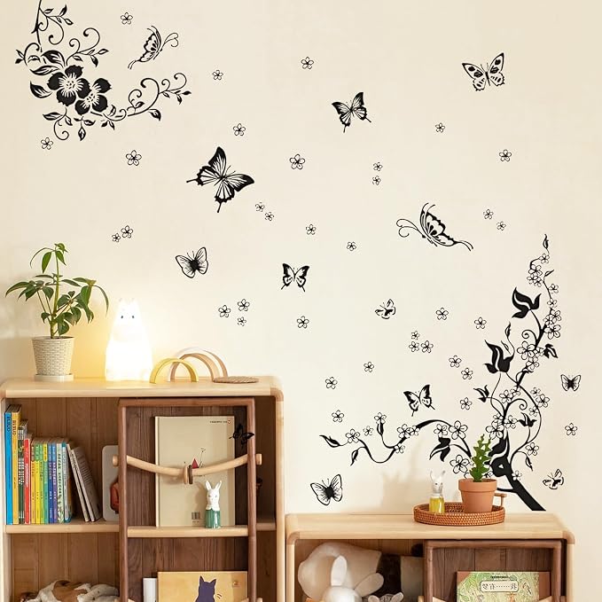Supzone Flowers Vine Wall Decals - Black Flowers Stickers, Butterfly Decor, Removable Vinyl Art for Bedroom, Living Room, Office, Sofa Backdrop, TV, Home Decoration - Image 2