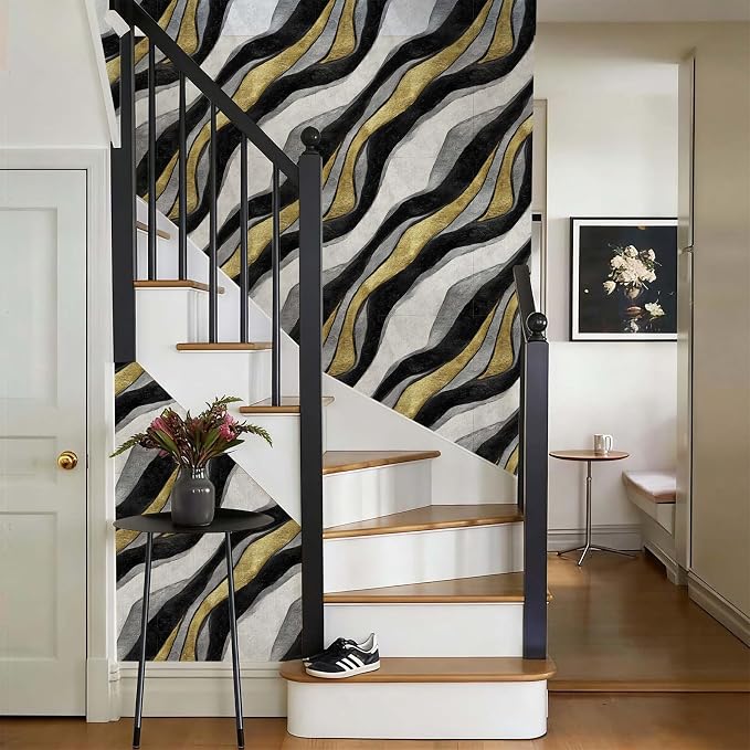 Luxury Black White Gold Fluid Modern Marble Peel and Stick Wallpaper Self Adhesive 17.72" x 236.21'' Textured Wavy Agate Wall Paper Renter Friendly Removable Waterproof for Living Room Bedroom - Image 8