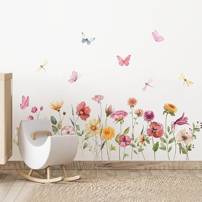 Watercolor Garden Flower Wall Decals, Peel and Stick Creative Colorful Butterfly Floral Wall Stickers, Multicolor Wildflower Wall Decor for Girls Room Nursery Bedroom Window - Image 5