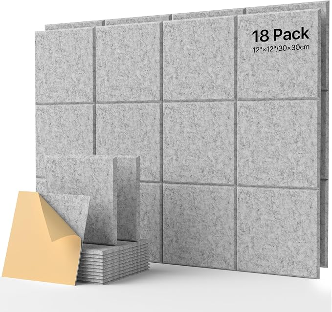 Soundsbay Self-Adhesive Soundproof Wall Panels 18 Pack 12"x12" Black | Square Acoustic Panels, 150kg/m³ High Density Covers 18 sq ft, Sound Proof Panels for Walls, Home Office, Bedroom by Soundsbay