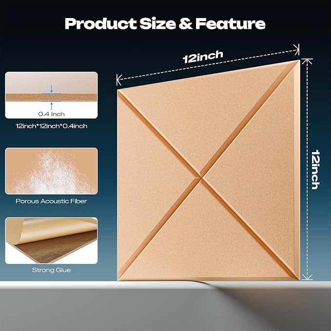 Sonicism 12 Pack X-Lined Acoustic Panels with Self-Adhesive, 12"X 12"X 0.4" Sound Proof Foam Panels, Decorative Soundproof Wall Panels, Sound Absorbing Tile for Home & Offices, Pale Apricot - Image 2