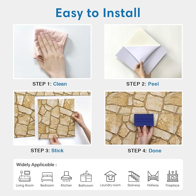 COMSTICKC 3D Faux Stone Wall Panels Peel and Stick, 10 Pcs 11.8" x 11.8" | Yellow, Not Real Stone Wall Wallpaper, Fake Stone Decorative Tiles Wall Covering for Quick DIY Wall Upgrades, Cover 9.7 sq ft - Image 8