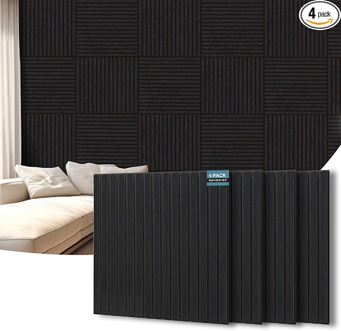 AKUMAX 4-Pack Wood Slat Acoustic Wall Panels, 23.6 x 23.6 in 3D Sound-Absorbing Panels for Walls & Ceilings, Fire-Retardant, FSC-Certified Materials, 15.5 Sq Ft, Black Oak by AKUMAXWOODWALLPANELS