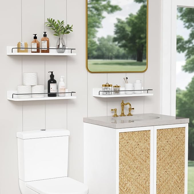 Forbena White Floating Shelves Bathroom Shelves Over Toilet Set of 3, Bathroom Organizers and Storage Shelves Wall Mounted, Modern Wood Corner Wall Shelf for Bedroom Closet -White and Dark Grey - Image 2