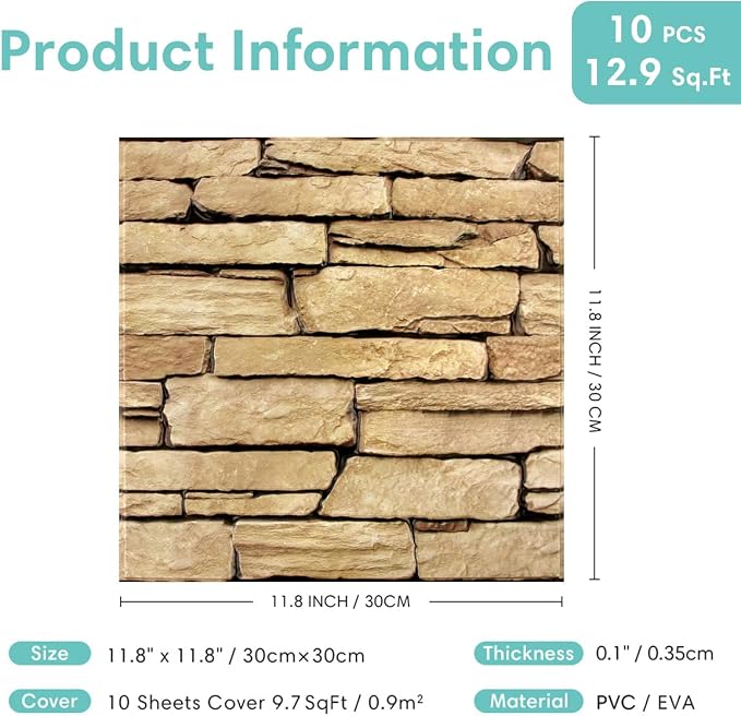 Commomy 3D Faux Stone Wall Panels Peel and Stick 10 Pcs 11.8" x 11.8" | Ultralight Thin PVC Fake Rock Wallpaper DIY Wall Covering Decorative Tiles for Kitchen Backsplash,Bedroom (Covers 9.7 sq.ft) - Image 6