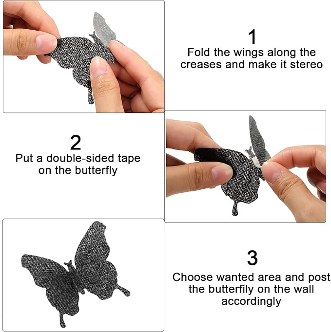 BBTO 48 Pcs 3D Butterfly Mirror Wall Decor,Glitter Black | Butterfly Stickers,3 Sizes,for Birthday Party Cake,Room Nursery Bathroom Wall Decor,Removable Peel Stick,Reflective - Image 3
