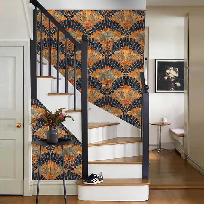 18"x236" Brown Orange Fan-Shaped Geometric Art Boho Peel and Stick Self Adhesive Wallpaper Removable Contact Paper Stick on Easy Peel Off Wall Paper for Kitchen Bedroom Bathroom Renter - Image 6