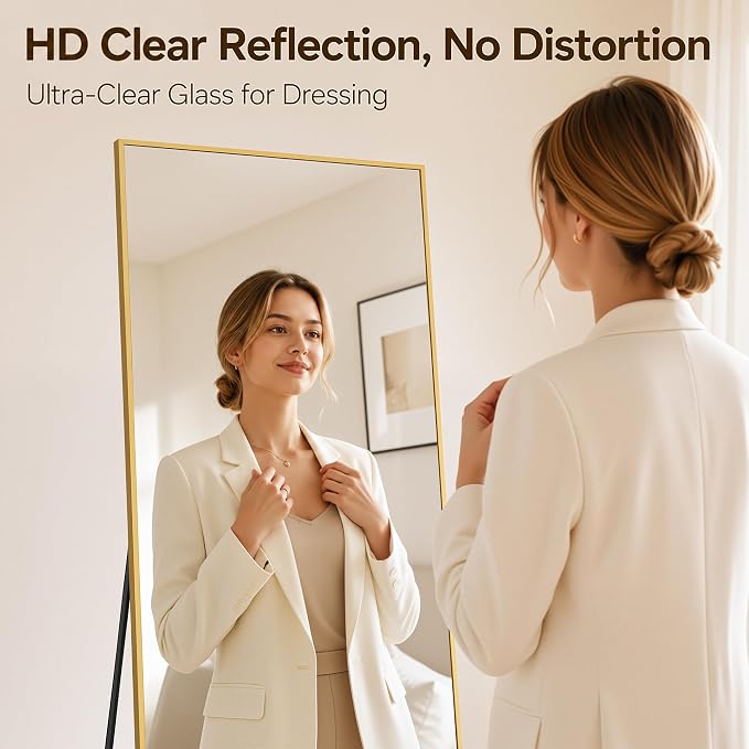 Antok Full Length Mirror, 56"x14" Floor Mirror with Stand, Gold, Rect - Image 2