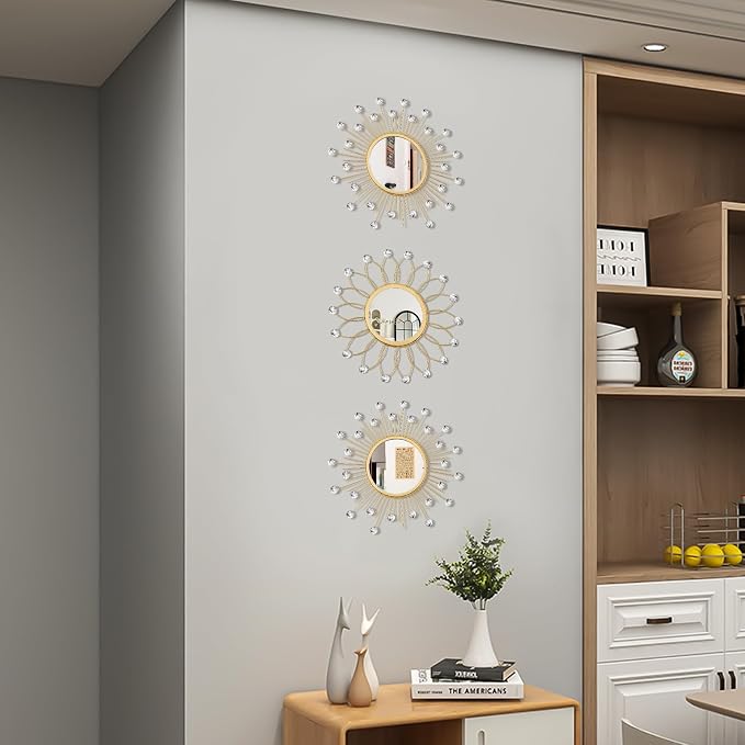 3 Pack Metal Mirrors for Wall Sunburst Wall Mirrors Home Décor Decorative Hanging Wall Art for Living Room Bedroom Entryway (Gold Crystal, Flower+Sunburst) - Image 6