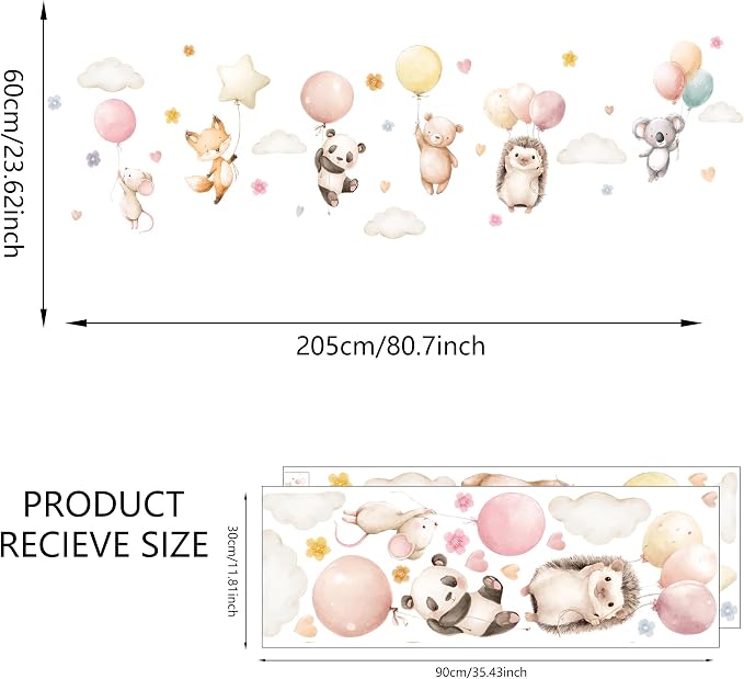 Watercolor Jungle Animal Wall Decal, Removable Nursery Woodland Animals,Cloud,Stars,Balloon Wall Stickers for Kids Boys and Girls Room, Bedroom & Toddler Room Decor (Balloon Animal Decals 85) - Image 2