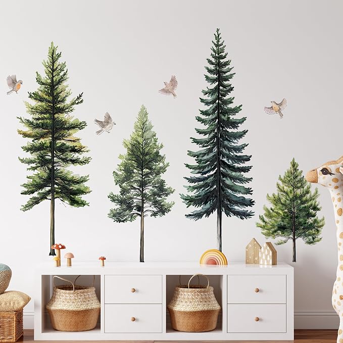 Lilac 46" Large Green Pine Tree Wall Decal 4 Sheets Peel and Stick Decor | Trees Birds Wall Stickers Self-adhesive Clings for Living Room Bedroom Classroom Nursery (Green Pine, 11.8 * 35.4inch) - Image 3