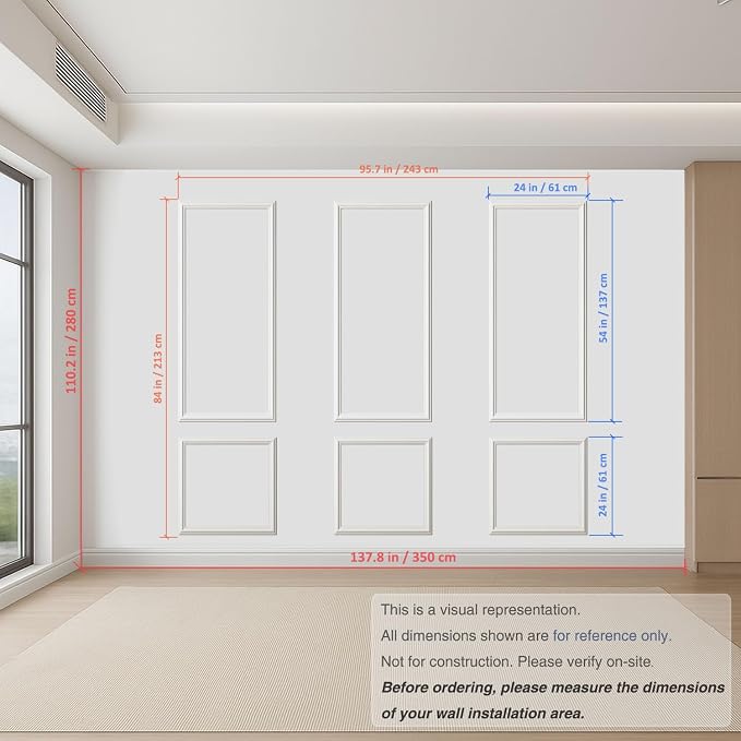 Set of 3 Peel and Stick Wall Molding Kit, Pre Cut Wainscoting Panels | 54x24 in + 24x24 in, Paintable, Ready to Assemble Wall Moulding, Living room or Bedroom Accent Wall Decor - Image 2