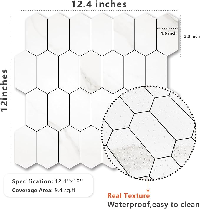 Vamos Tile Long Hexagon Peel and Stick Backsplash Tile - 10 Sheets Stick on Backsplash for Kitchen and Bathroom 12.4 x 12 Inch White Marble Look PVC Self Adhesive Mosaic Wall Tiles - Image 7
