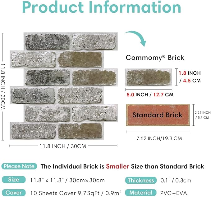 Commomy Faux Brick Peel and Stick Wall Panels 10 pcs 11.8" x 11.8" | Small Size Thin PVC Retro Brick Wallpaper Tile Backsplash for Kitchen,Bedroom,Living Room,Interior Decor(Covers 9.7 sq.ft) - Image 5