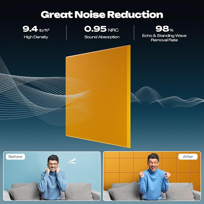 Sonicism 22 Pack Acoustic Wall Panels with Self-Adhesive, 12" X 12" X 0.4" Sound Proof Foam Panels, Decorative Soundproof Wall Panels, Sound Proof Absorbing Tiles for Home & Offices, Orange Yellow - Image 2