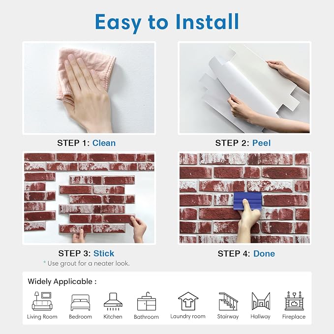 COMSTICKC 3D Faux Brick Wall Panels Peel and Stick, 10 Pcs 15.7" x 11.8" | Whitewashed Red, Not Real Brick, Ultra-Light Thin PVC Tiles, 3D Fake Brick Decorative Sticker Wall Covering, Cover 12.9 sq ft - Image 8