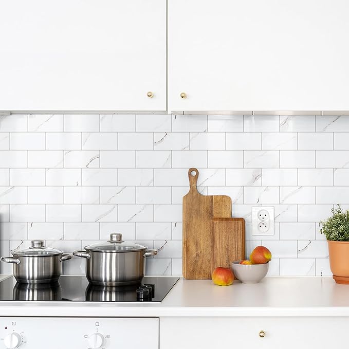 StyloVue 100 Pieces Peel and Stick Backsplash for Kitchen, 3" x 6" PVC Subway Tile 2026 Upgraded Glossy White Marble with White Grout Backsplash Stick on Tile Elevate Kitchen Fireplace RV - Image 3