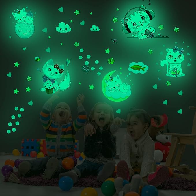 Glow in The Dark Stars for Room,Cats Glowing Wall/Ceiling Decals, Kitten Butterflies Stickers for Kids Bedroom, Clouds Bees Luminous Wall Decor for Boy and Girl Living Room - Image 8